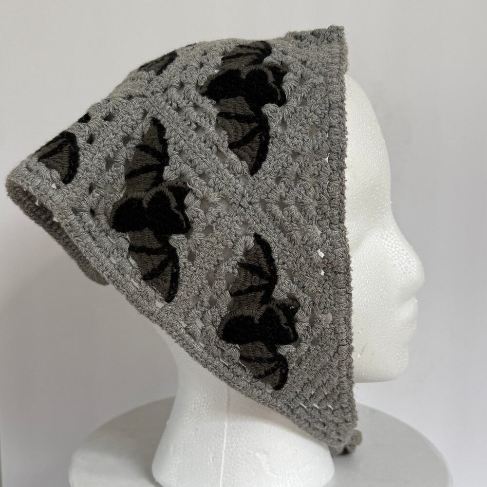 Goth Bat Crochet Bandana Head Scarf Gray Black Halloween Witchy Grunge Hair Wrap